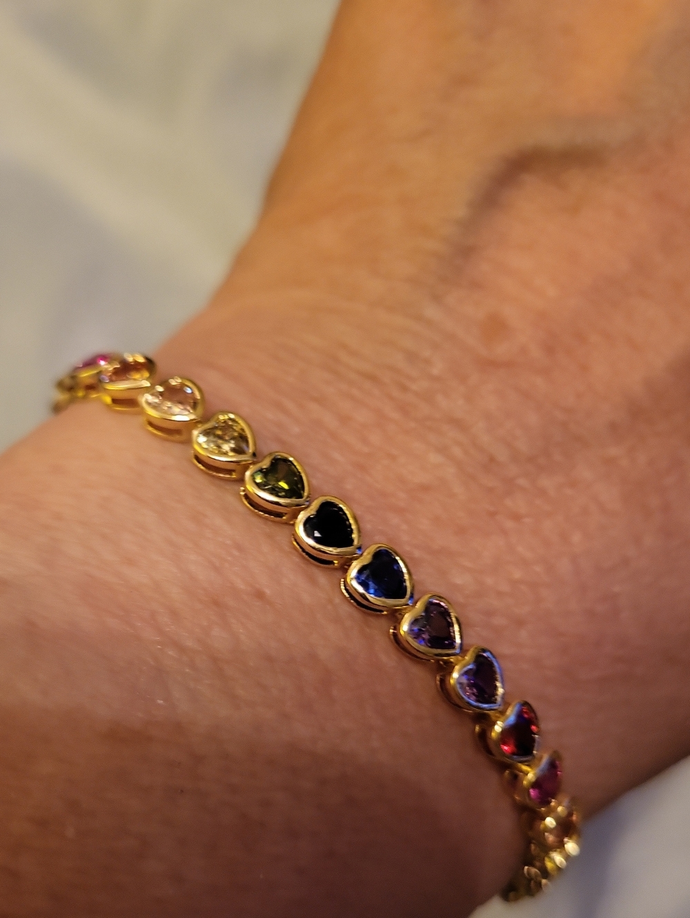 Cubic Zirconia Multicolor Heart Tennis Bracelet - Gold Tone Te